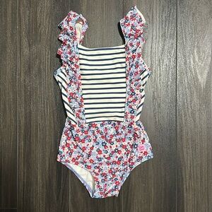 RuffleButts Red, White, Bloom Pinafore One Piece Swim - size 5